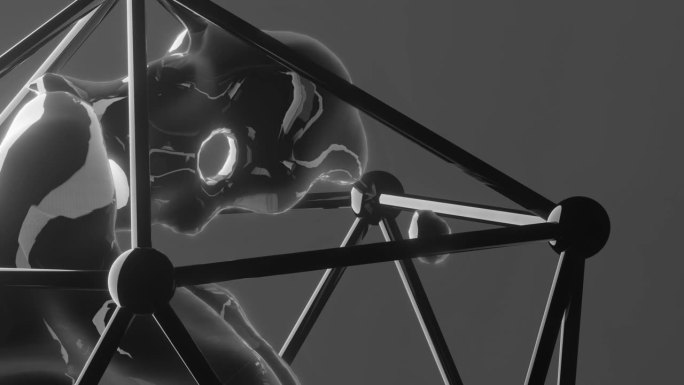 抽象的黑白金属光泽形状动画。六角形铁笼内的3d插图