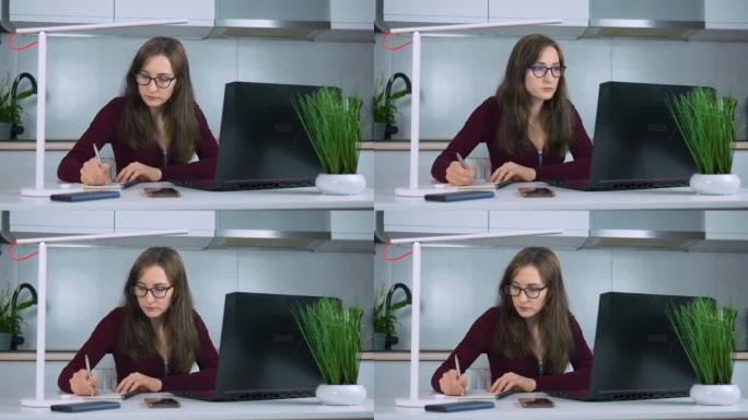 商务女性在家庭办公室用笔记本电脑工作，使用计划表，写笔记来保持职业生活的条理性