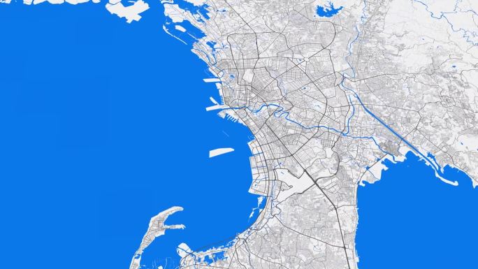 蓝灰色马尼拉地图背景循环。在菲律宾城市上空盘旋。无缝全景旋转在市中心的背景。