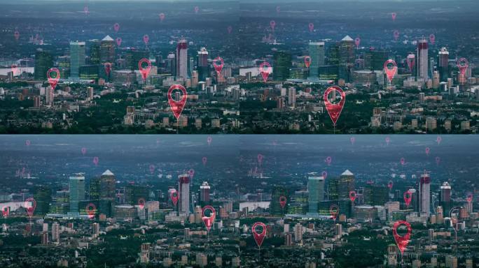 伦敦的本地化图标。一个智慧和未来城市的鸟瞰图。金融区的摩天大楼。完美地说明技术概念:数据通信，人工智