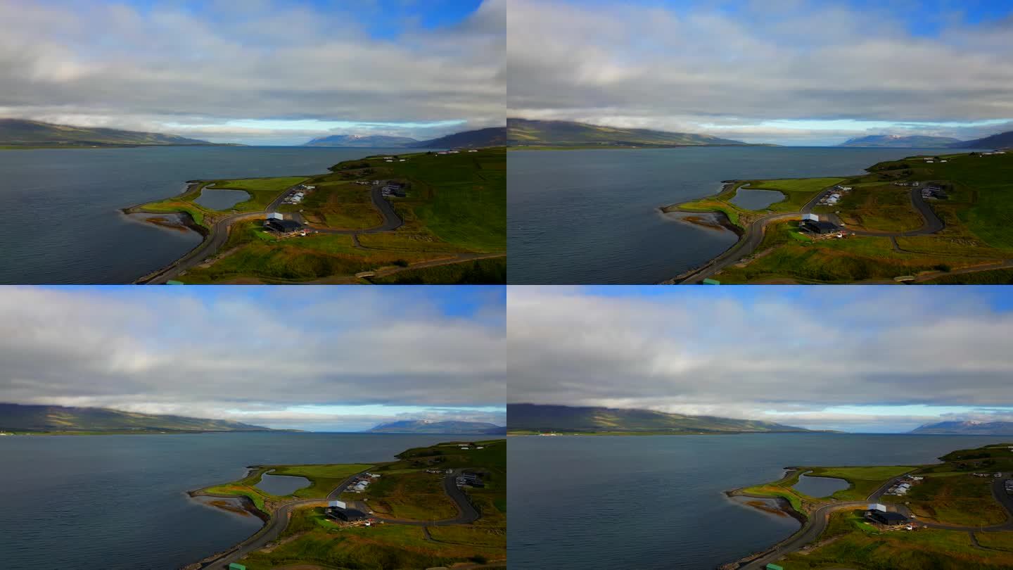 冰岛多云天空下的鲸鱼峡湾全景无人机拍摄