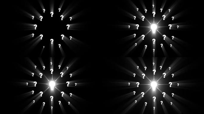 神奇的灯泡发光问号周围它在深灰色背景。发明的概念，认知和想象。创意动画4K视频