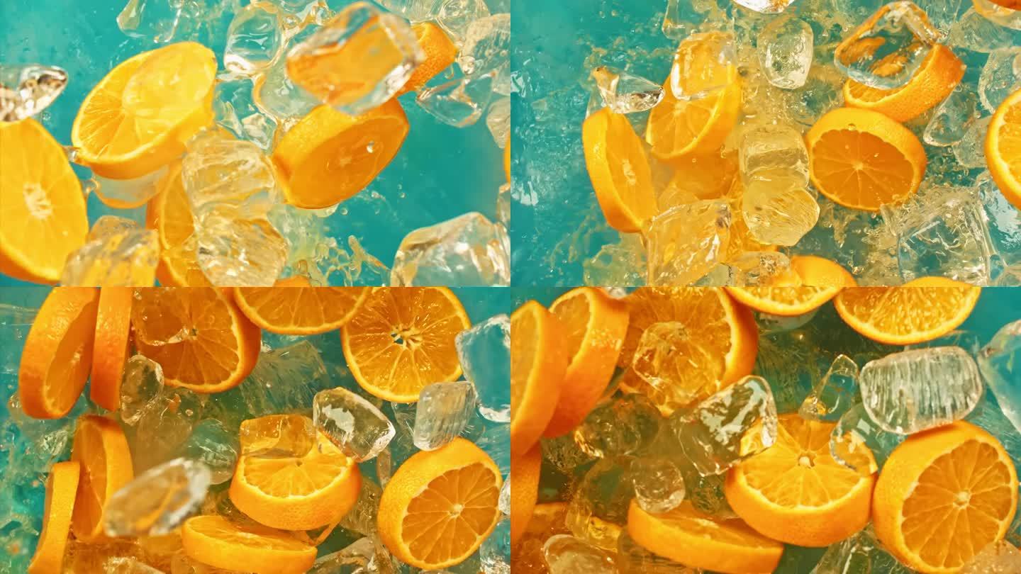 多汁的甜橙和飞冰块或水飞溅或倒滴果汁在1000 fps超级慢动作。橘子片和冰块在蓝色背景下掉落或爆炸
