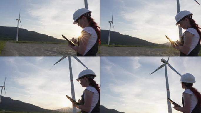 工程师通过收集数据和分析环境友好型发电厂的效率能源生产来研究风力涡轮机的可能性。年轻女子戴着头盔，手