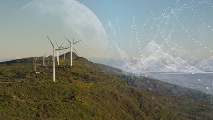山上的风力涡轮机产生可再生能源