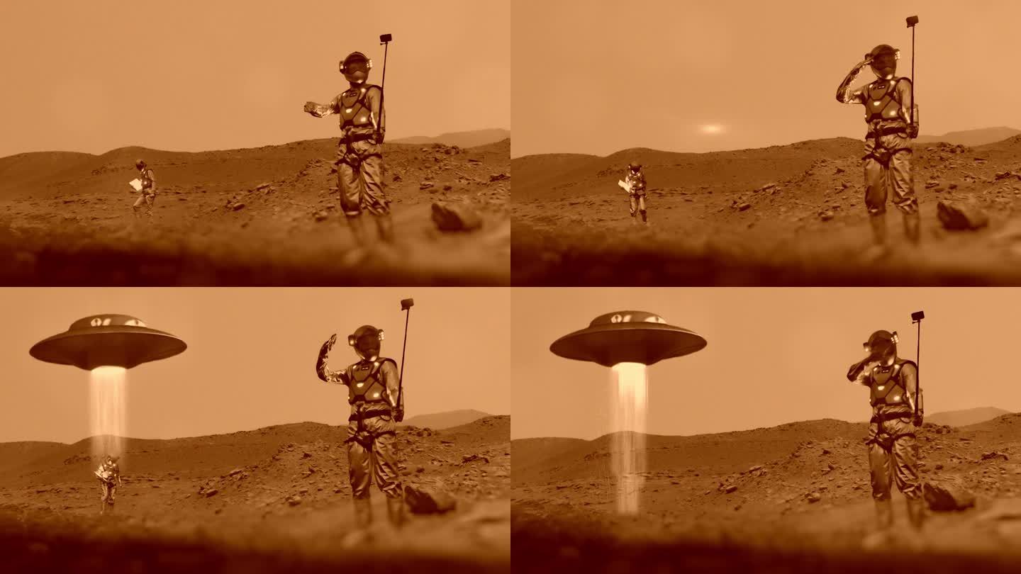 宇航员独自在红色星球火星上。在UFO绑架期间与另一名宇航员自拍