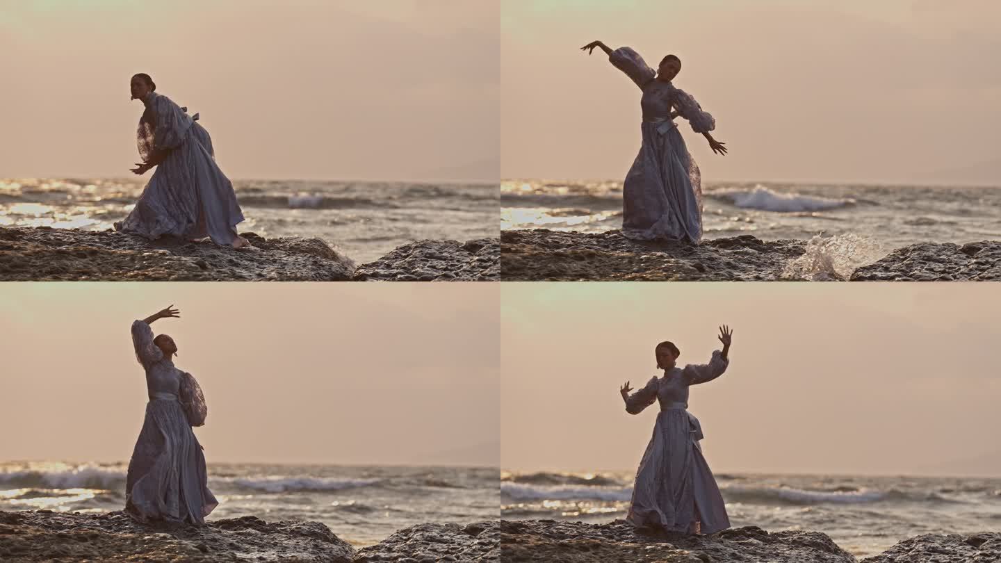 穿着蕾丝裙的女人在岸边跳舞
