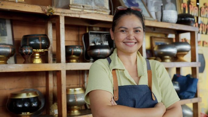 微笑的亚洲女厨师站着，手臂交叉，背景是她的小生意。