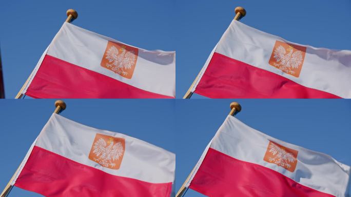 晴空下，波兰国旗迎风飘扬