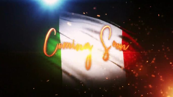 即将到来的金色文字运动与火焰爆发和金色粒子电影预告片标题背景与意大利国旗背景。