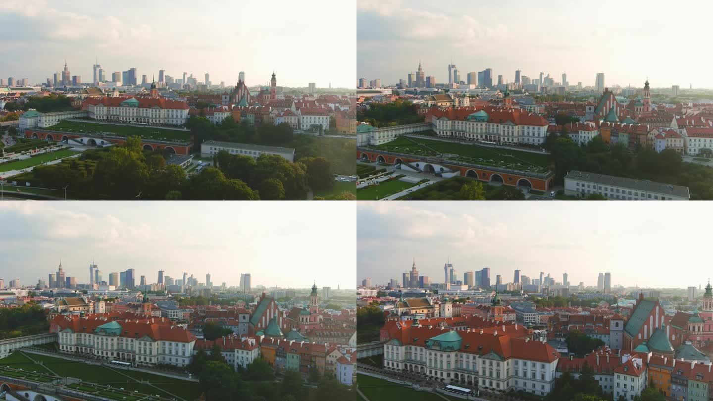 华沙老城区的日落鸟瞰图
