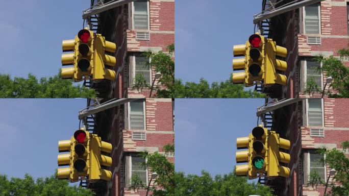 三路交叉路口的黄漆红停车灯转成绿灯