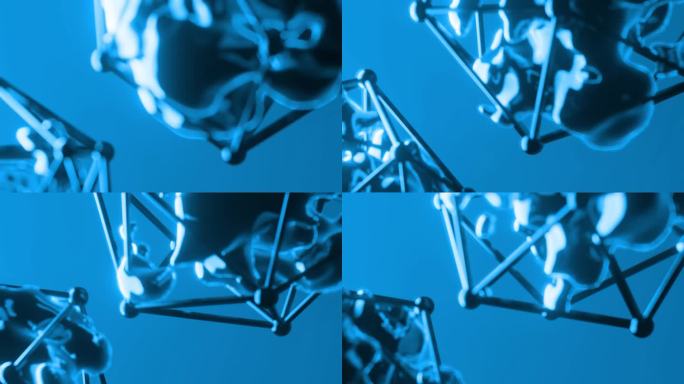 抽象的蓝色金属光泽形状动画。六角形铁笼内的3d插图