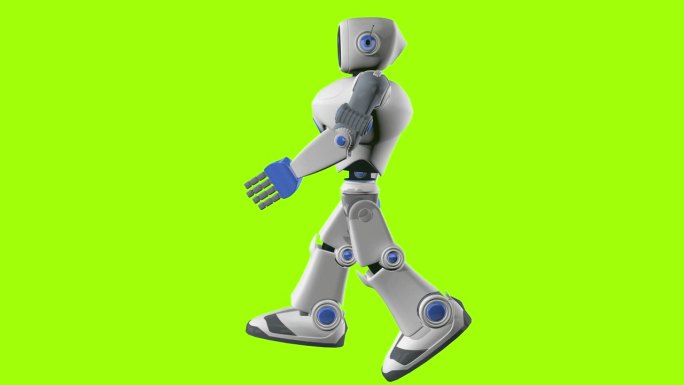 白色和蓝色人形机器人在绿色背景下行走的侧视图。三维动画