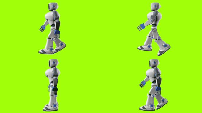 白色和蓝色人形机器人在绿色背景下行走的侧视图。三维动画