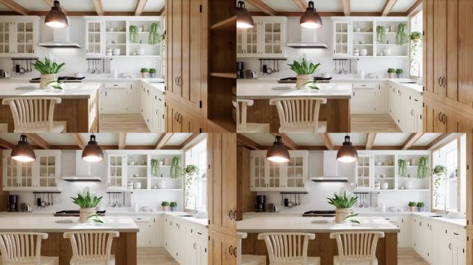 u形厨房的内部，有木制的正面和一个大岛台。时尚，舒适的厨房与电器和植物与阳光。三维渲染
