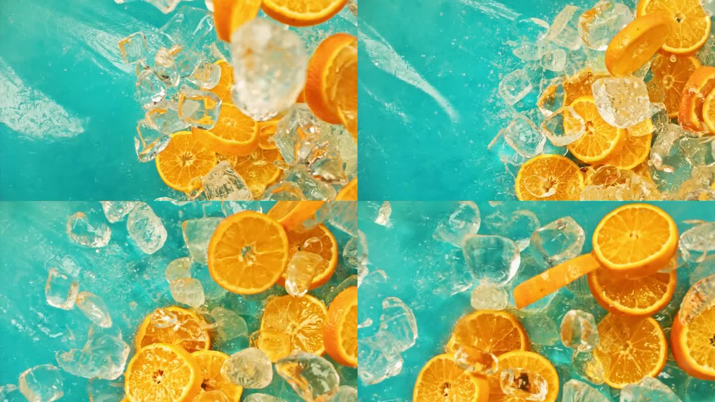 新鲜多汁的橙子和果汁，冰块和水滴飞溅倒在超级慢动作1000 fps。冰块和柑桔片在蓝色背景上飞或落，