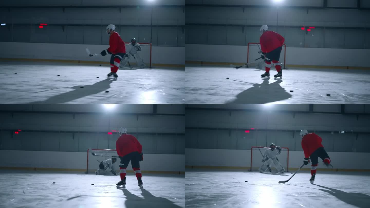 一名职业冰球运动员在溜冰场上用冰球棍射击、击球和击打冰球的快节奏镜头。运动员用电影般的灯光和戏剧性得