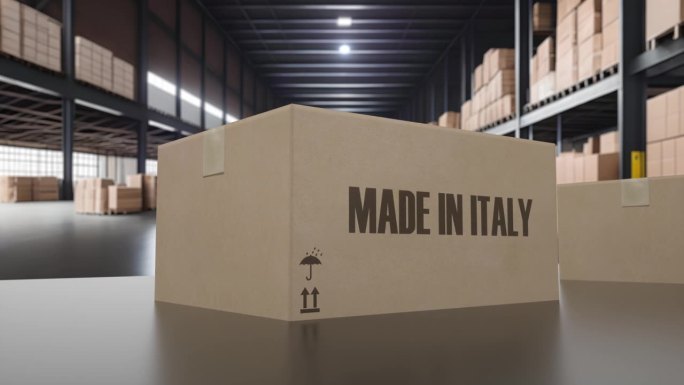 传送带上有意大利制造字样的箱子。意大利商品相关可循环3D动画
