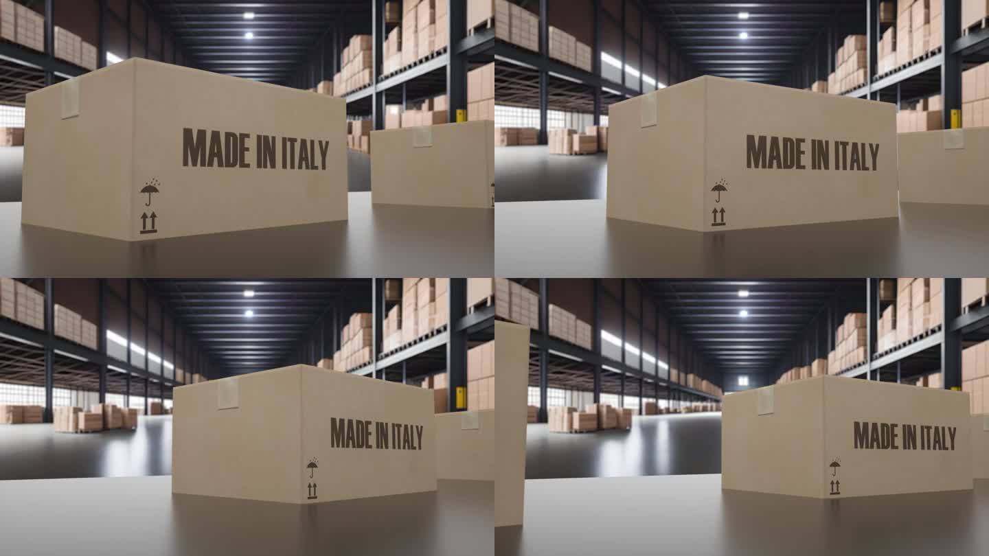 传送带上有意大利制造字样的箱子。意大利商品相关可循环3D动画