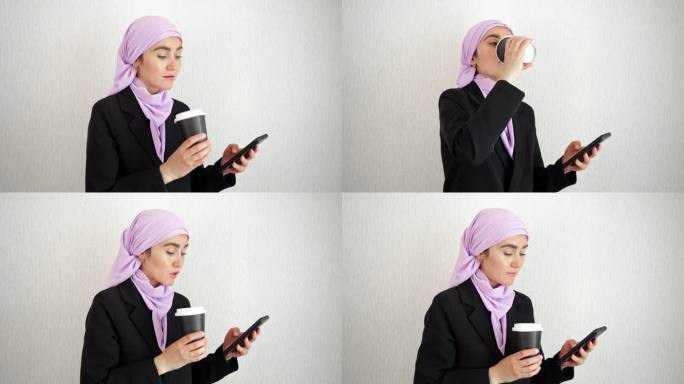 戴着粉色头巾、拿着咖啡馆杯子的女子在社交媒体上翻页