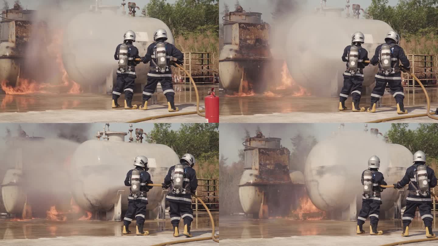为消防队员、工业消防队员提供消防培训。炼油、管道、防护、团队合作、燃烧、工业。