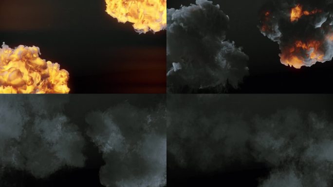 火焰爆炸，烟雾在黑暗的背景。慢动作数字动画。3d渲染4K