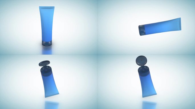乳霜乳液瓶在蓝色背景上旋转。化妆膏管。护肤产品介绍。3d渲染动画。