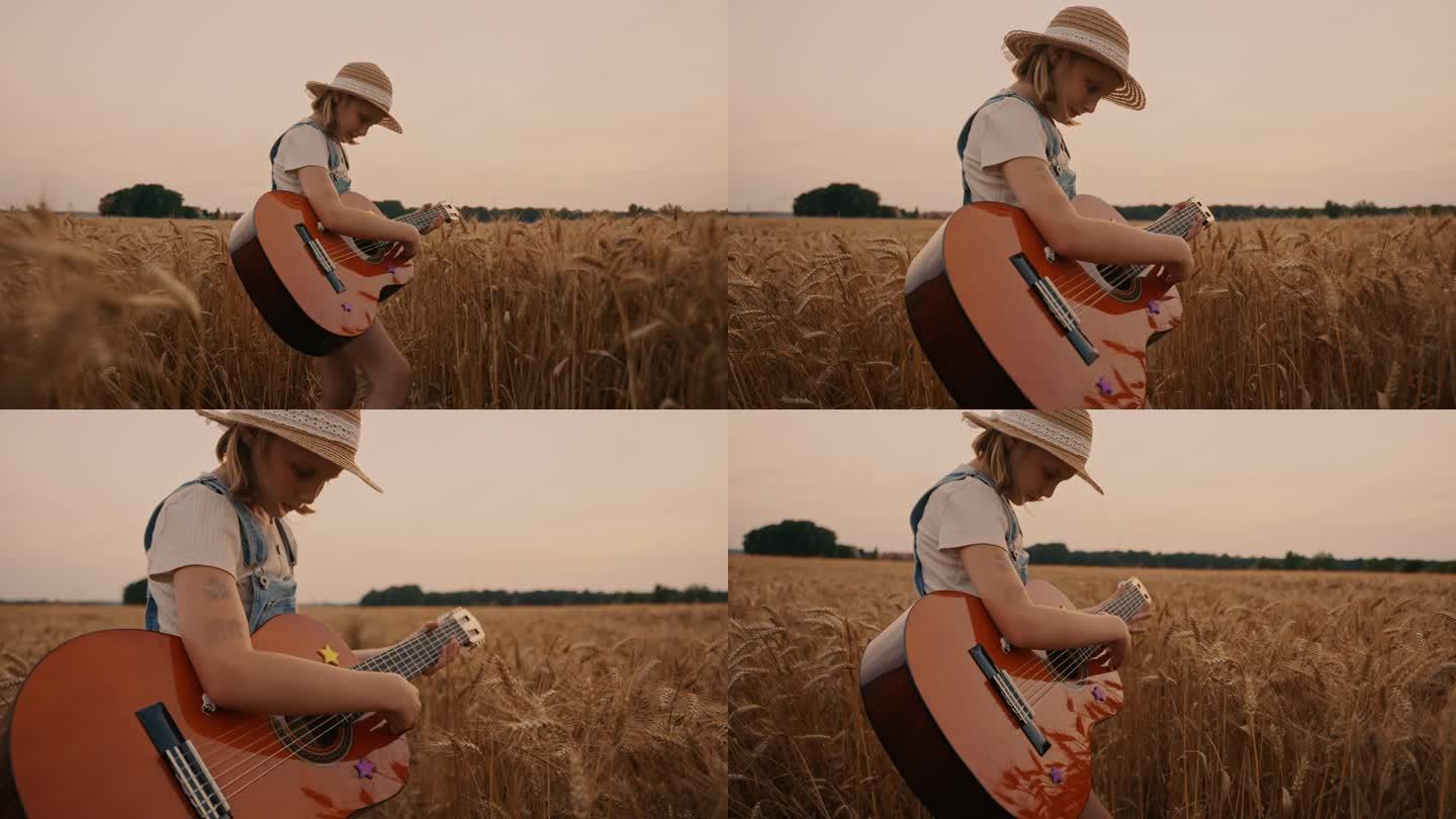 日落时分，身穿太阳帽的女孩在麦田里弹吉他