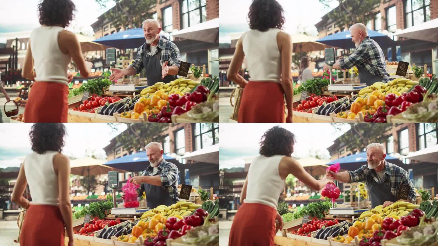 在一个阳光明媚的夏日，多民族女性顾客从一位快乐的老农民那里购买可持续的天然西红柿。成功的街头小贩管理