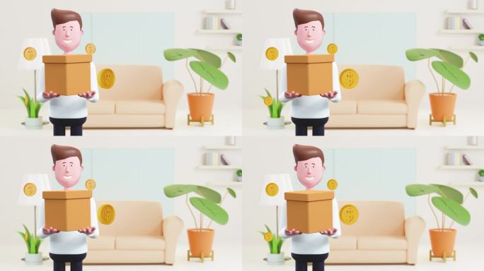 3d动画happy holding bow with money。概念:新业务。