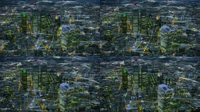 相连的伦敦鸟瞰图。日落。金融区著名的摩天大楼。未来的高科技大都市。技术。英格兰。在8k用红色武器射击