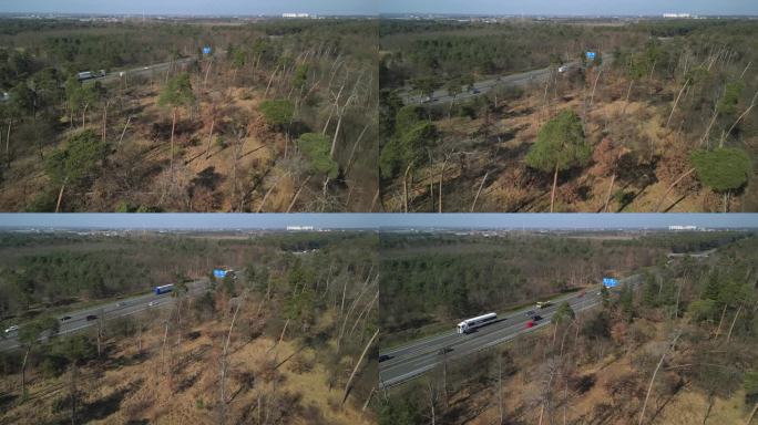 德国，无人机飞过一片病态的森林，飞向交通拥挤的高速公路