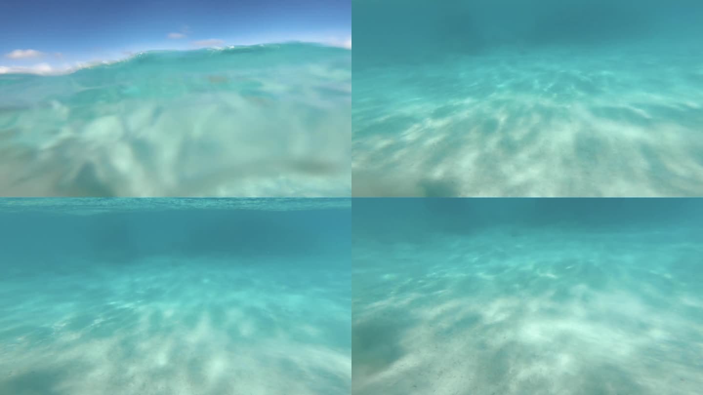 在太平洋岛屿阳光明媚的日子里，在清澈的绿松石蓝色泻湖上游泳和浮潜，在水面上上下浮动，白色的沙滩底部朝
