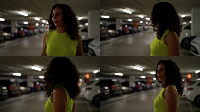 一名中年西班牙裔妇女，表情严肃地站在那里寻找她的停车位