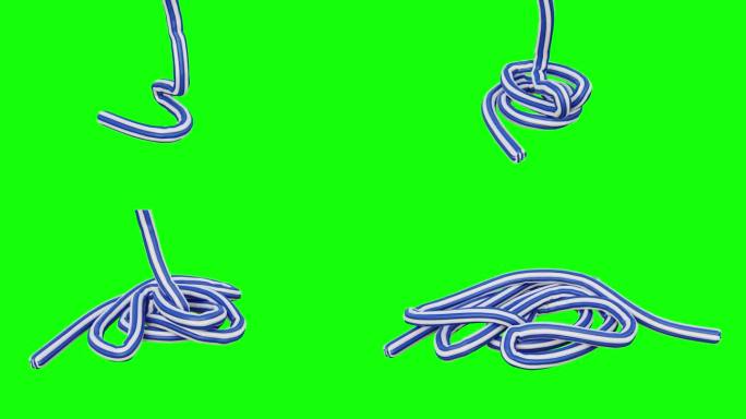 一根绳子落在地上。布面的三维动画。绿色背景上的三维抽象字符串