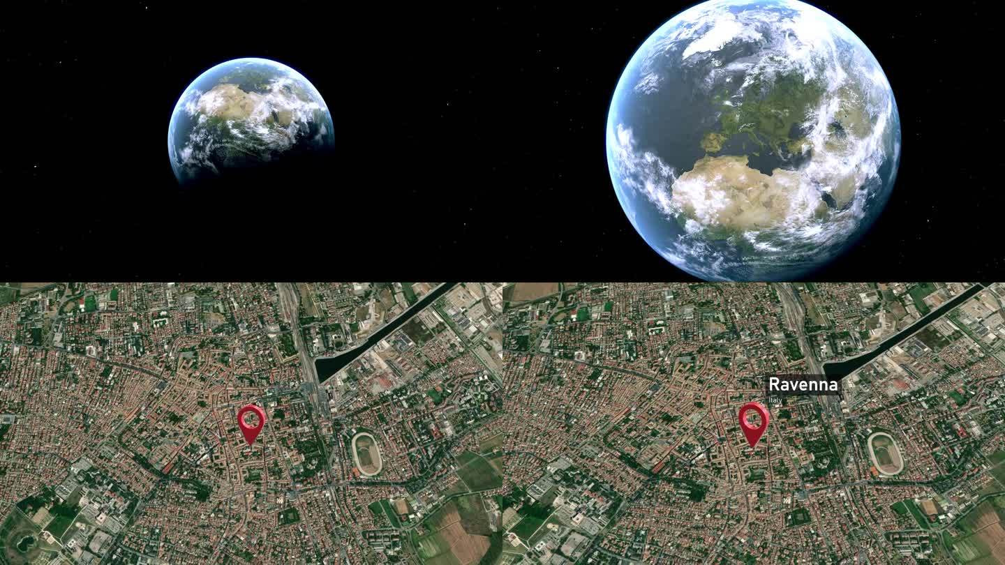 拉文纳城市地图从太空到地球缩放，意大利