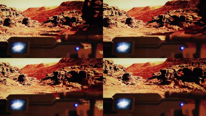 红色星球火星表面探测。驾驶员的POV宇航员驾驶火星漫游者在岩石表面地形
