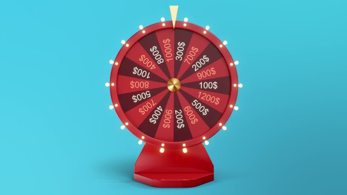 蓝色背景下旋转的红色幸运轮或财富轮的正面视图。转盘指向一千美元的奖金，非常适合赌博或彩票概念。这个4