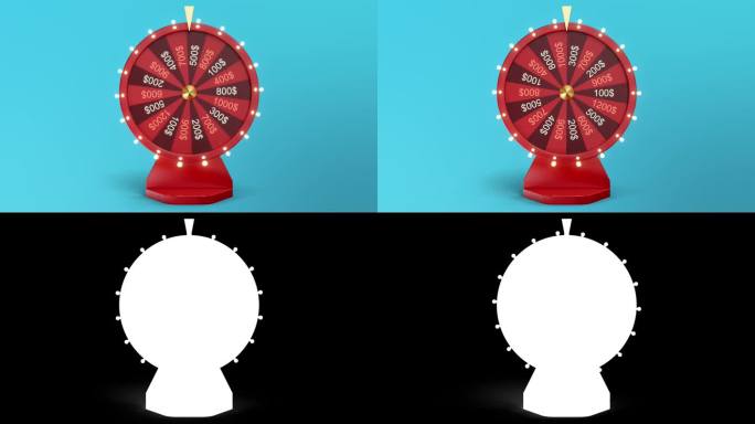 蓝色背景下旋转的红色幸运轮或财富轮的正面视图。转盘指向一千美元的奖金，非常适合赌博或彩票概念。这个4