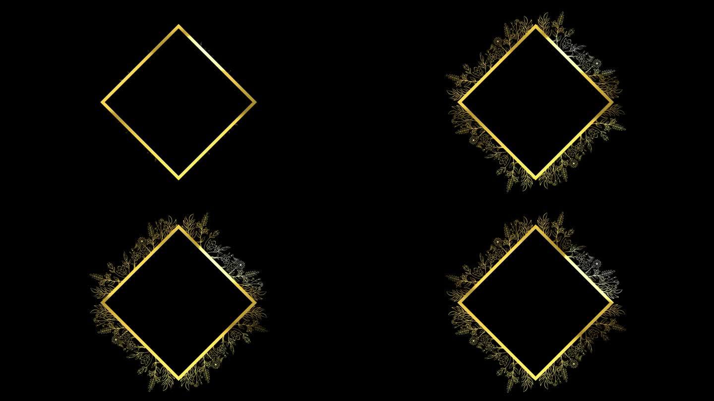 方形花金色框架，与ALPHA通道(透明背景)在4K分辨率