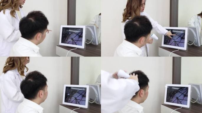 一位头发治疗师正在扫描一位男性顾客的头皮。