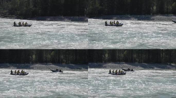 一群人乘坐木筏沿着湍急的山河顺流而下