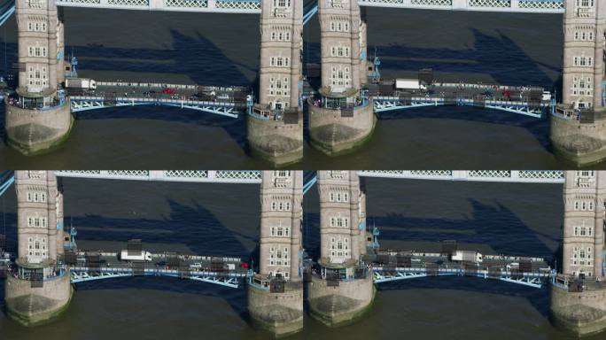 伦敦塔桥上通勤者和交通的鸟瞰图。包含信息的文本框。面部识别界面。监测的概念。人工智能。用红色武器8K
