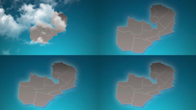 赞比亚国家地图缩放在现实的云飞过。赞比亚地图上的相机放大天空效果。背景适合公司介绍，旅游，演讲。