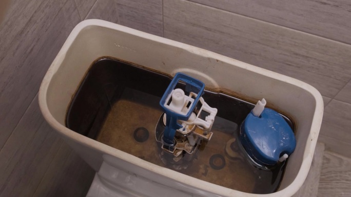 水管工拆下按钮，打开坏了的马桶水箱的盖子，取出水箱配件。脏水和硬水造成的污染、生锈和管道堵塞。修复