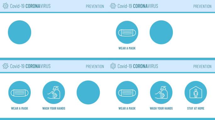 冠状病毒预防运动设计。使用口罩。呆在家里。洗手。以2019-nCoV大流行为主题的蓝色动画设计。20