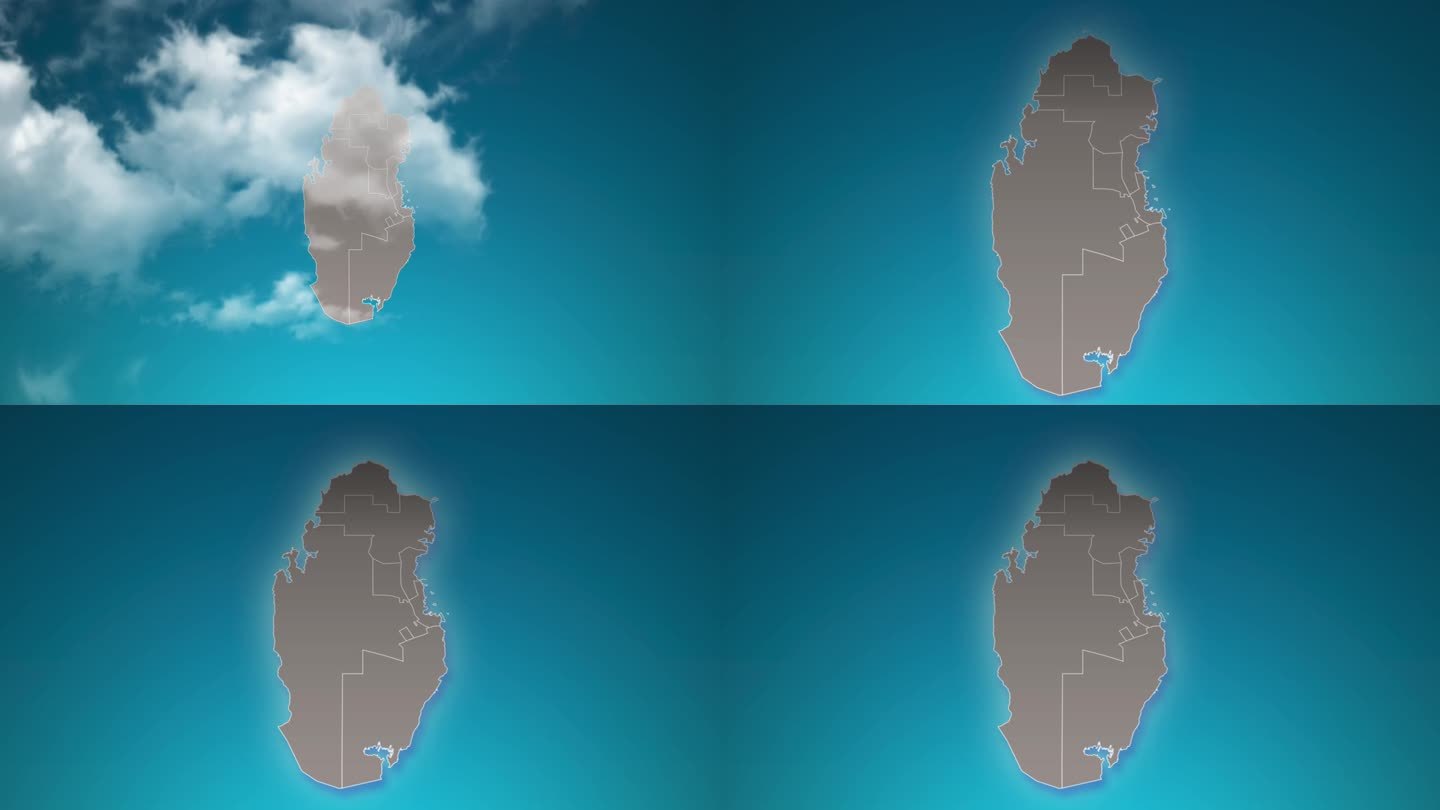 卡塔尔国家地图与放大在现实的云飞过。卡塔尔地图上的相机放大天空效果。背景适合公司介绍，旅游，演讲。