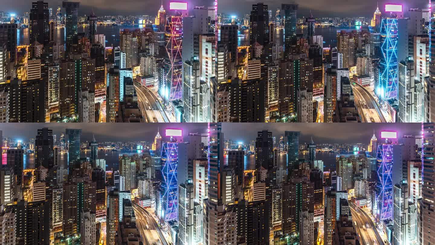 香港的夜晚，延时城市。