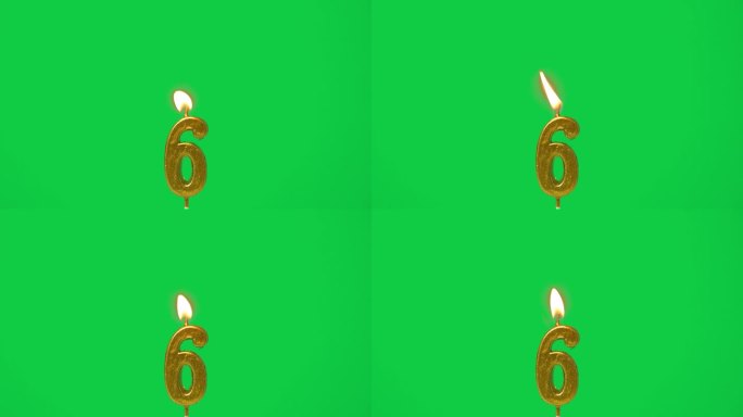 无缝循环蜡烛灯，金色蜡烛6号形状的第六年庆祝点燃。火焰在烛芯摇摆和闪烁孤立的绿色屏幕背景，水平帧率6